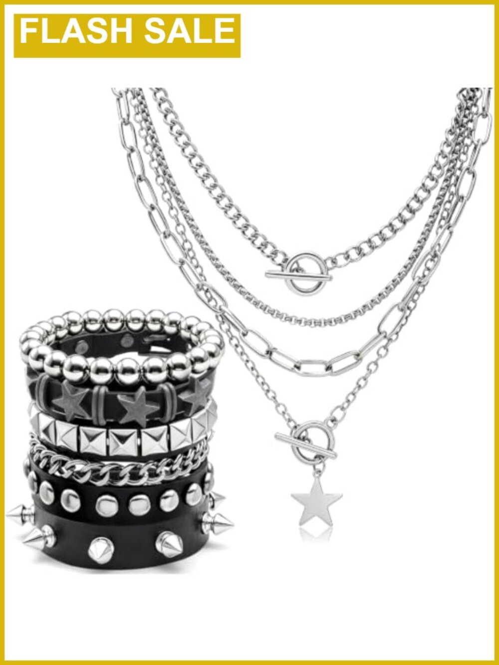 5 Pc Layered Star Studded Bracelets & Goth Necklace Set Y2K Punk Rock